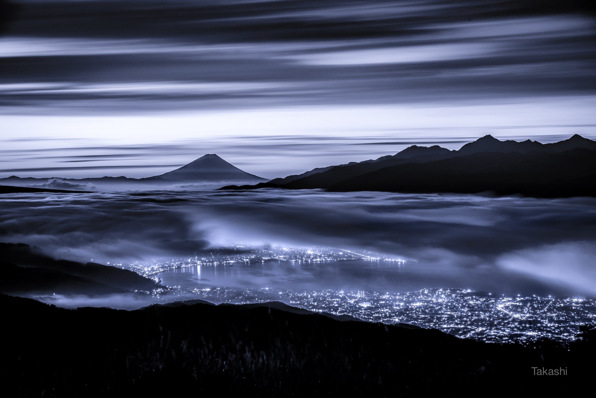fuji,japan,mountain,clouds,sky,lake,night,wonderful,amazing,, Takashi