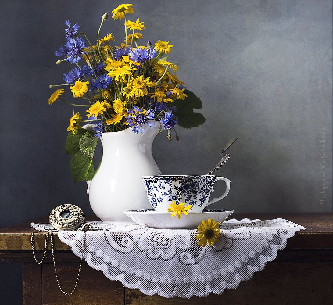 полевые цветы, васильки, козульник, кувшин, чай, Tatyana Karachkova