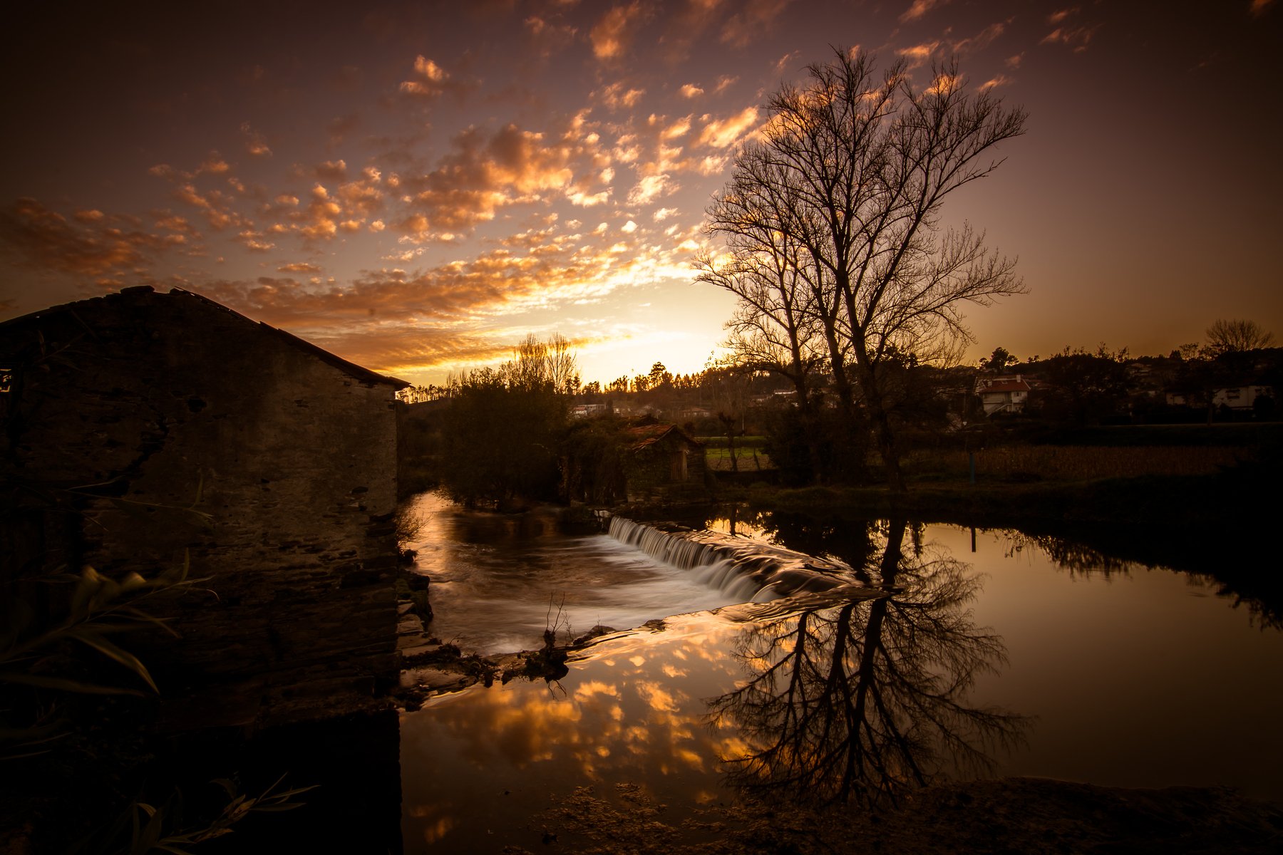 water, sunset, watermill, Portugal, recarei, reflections, clouds, cloudscape, beauty, trees, tree, light, Antonio Coelho