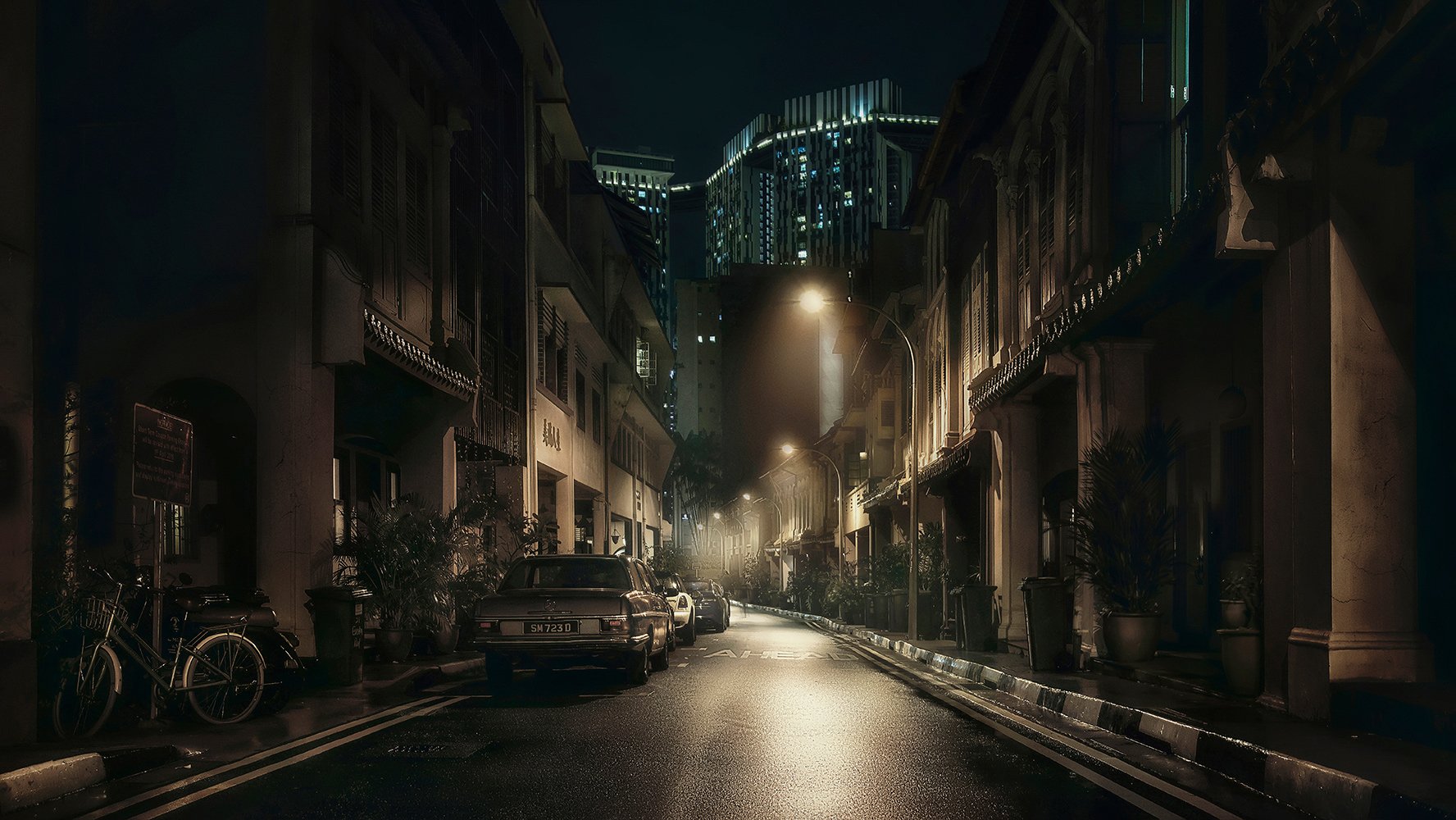 город, ночь, улица, фонари, туман, Сингапур, азия, Алексей Ермаков