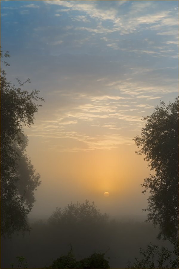 Утро, лето, рассвет,туман,солнце,небо,облака, Дулов Валерий