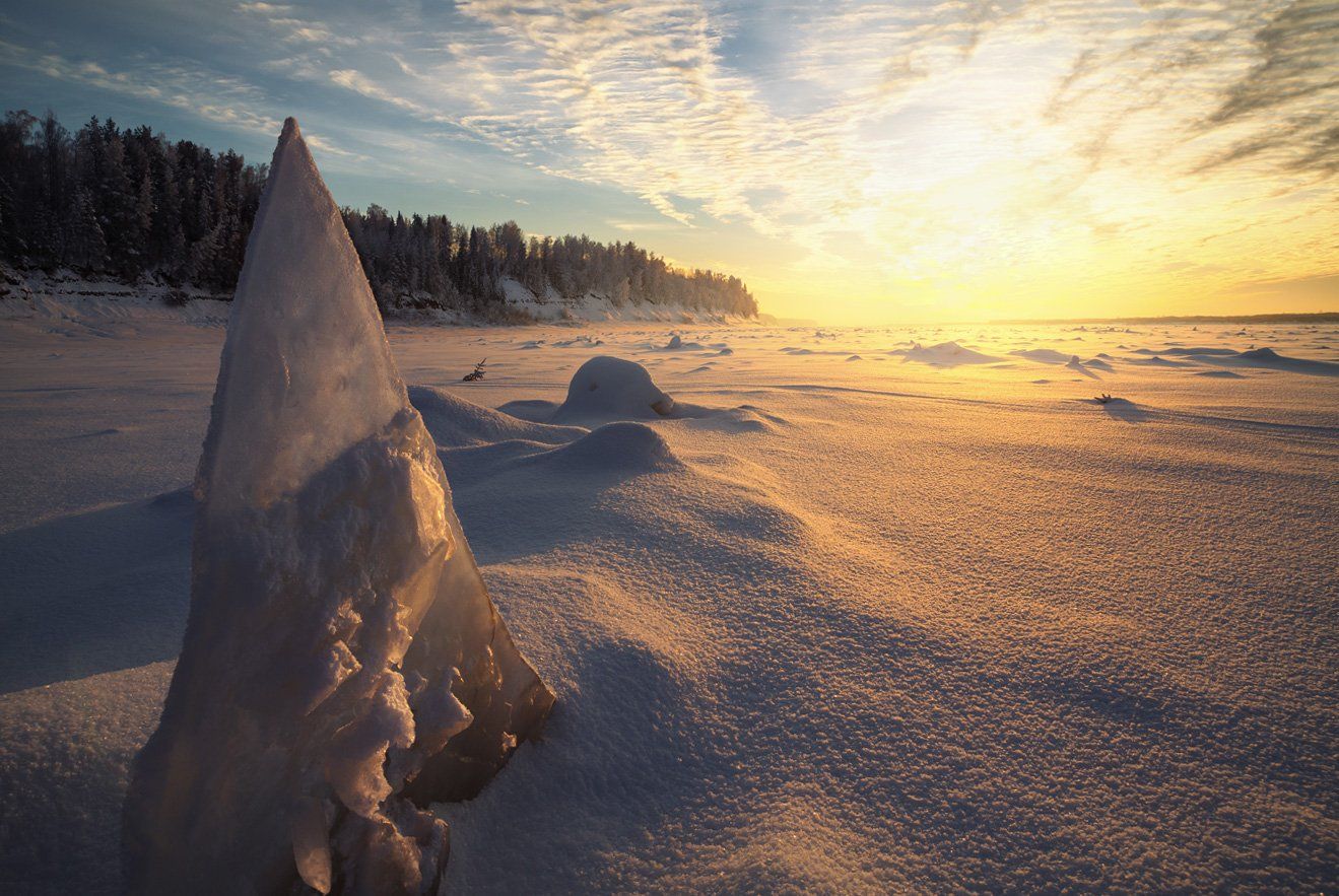 Река, Северная Двина, закат, вечер, мороз, лед, снег, Смольский Евгений