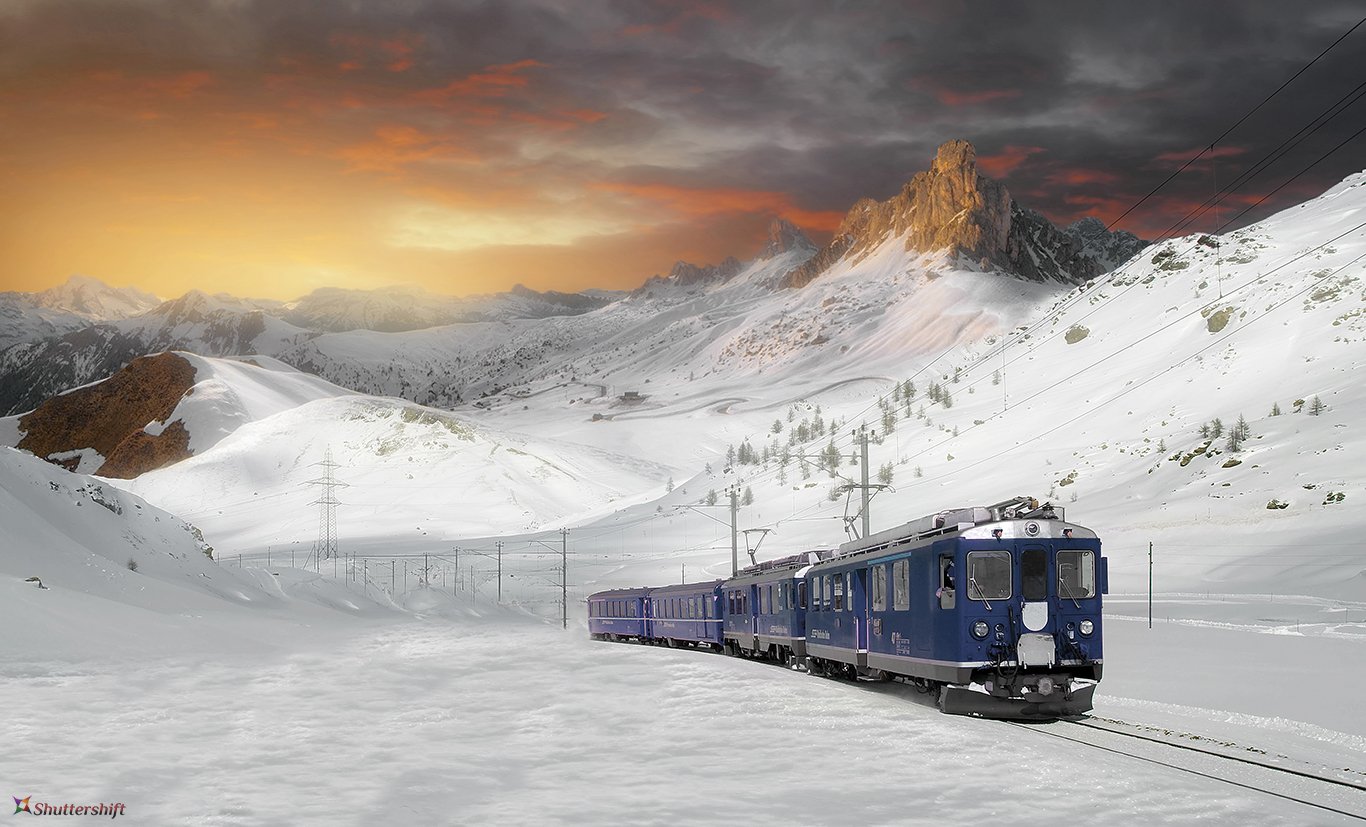 train, winter, sunset, mountain, snow, зима, снег, закат, гора, поезд,, Павел Иванов