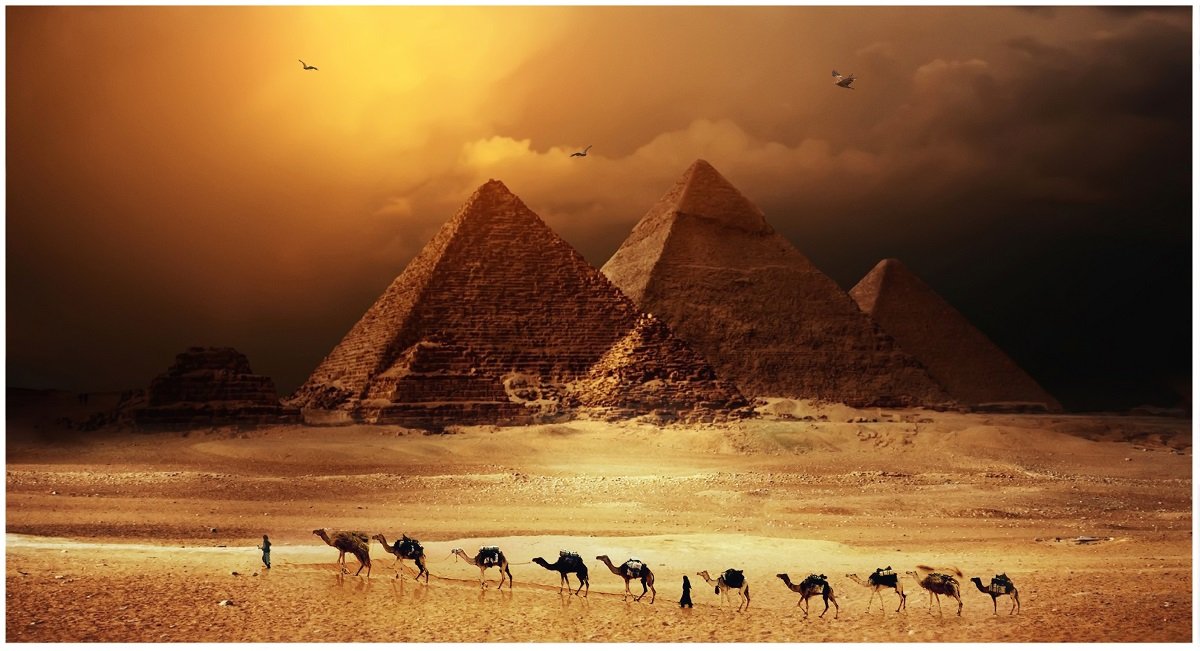 пирамиды, пустыня, караван, закат, Sergii Vidov