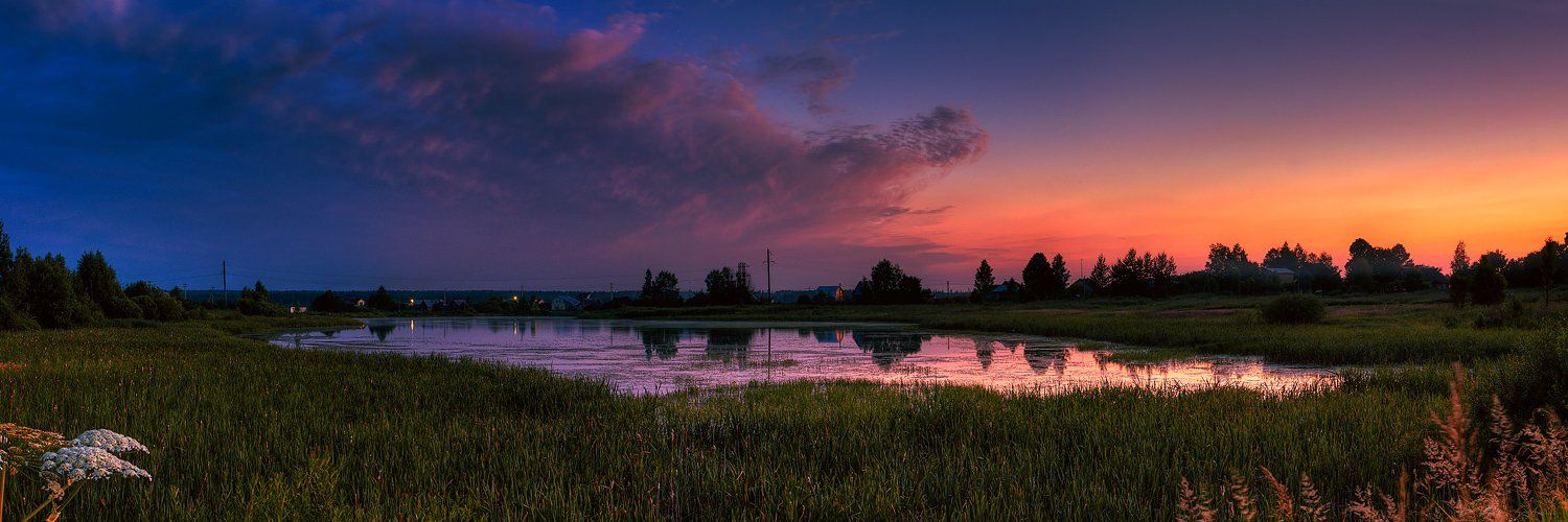 вечер, закат, деревня, озеро, огни, небо, отражение, Oleg Dmitriev