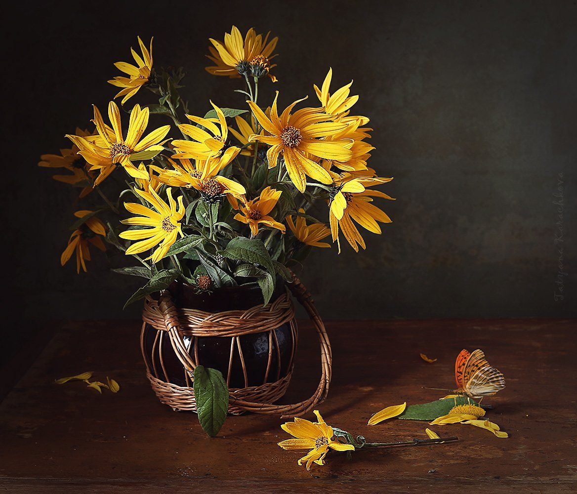 натюрморт, цветы, желтые, топинамбур, Tatyana Karachkova