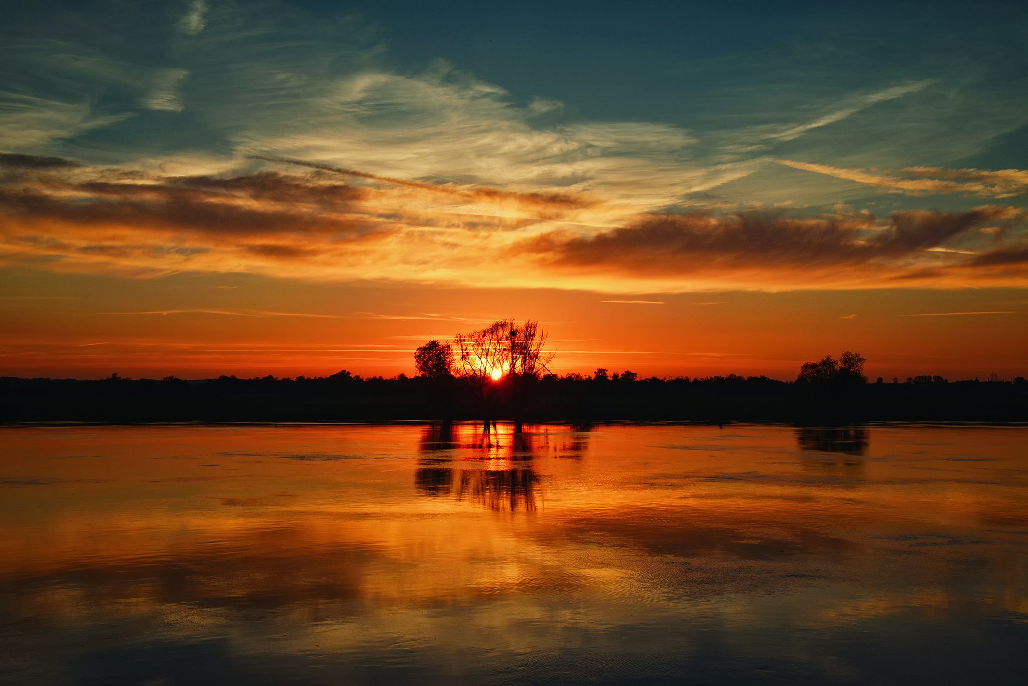 sunsed sundown odra river poland red sun water tree clouds magic, Radoslaw Dranikowski