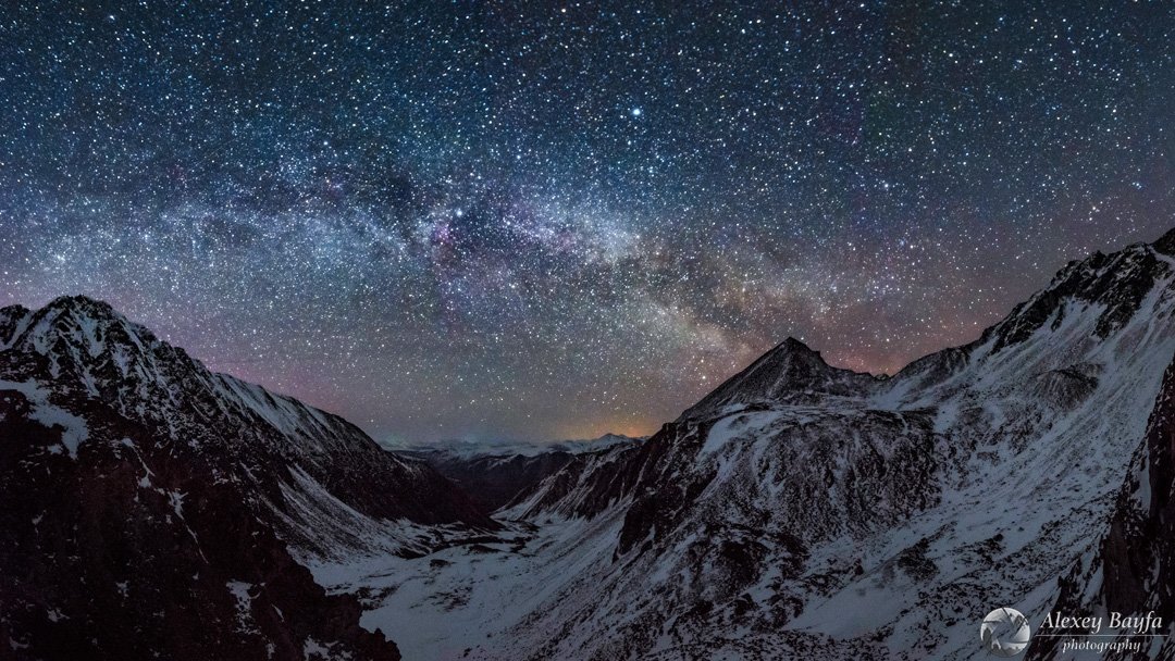 звёзды, горы, пейзаж, природа, ночь, млечный путь, звёздное небо, снег, Алексей Байфа