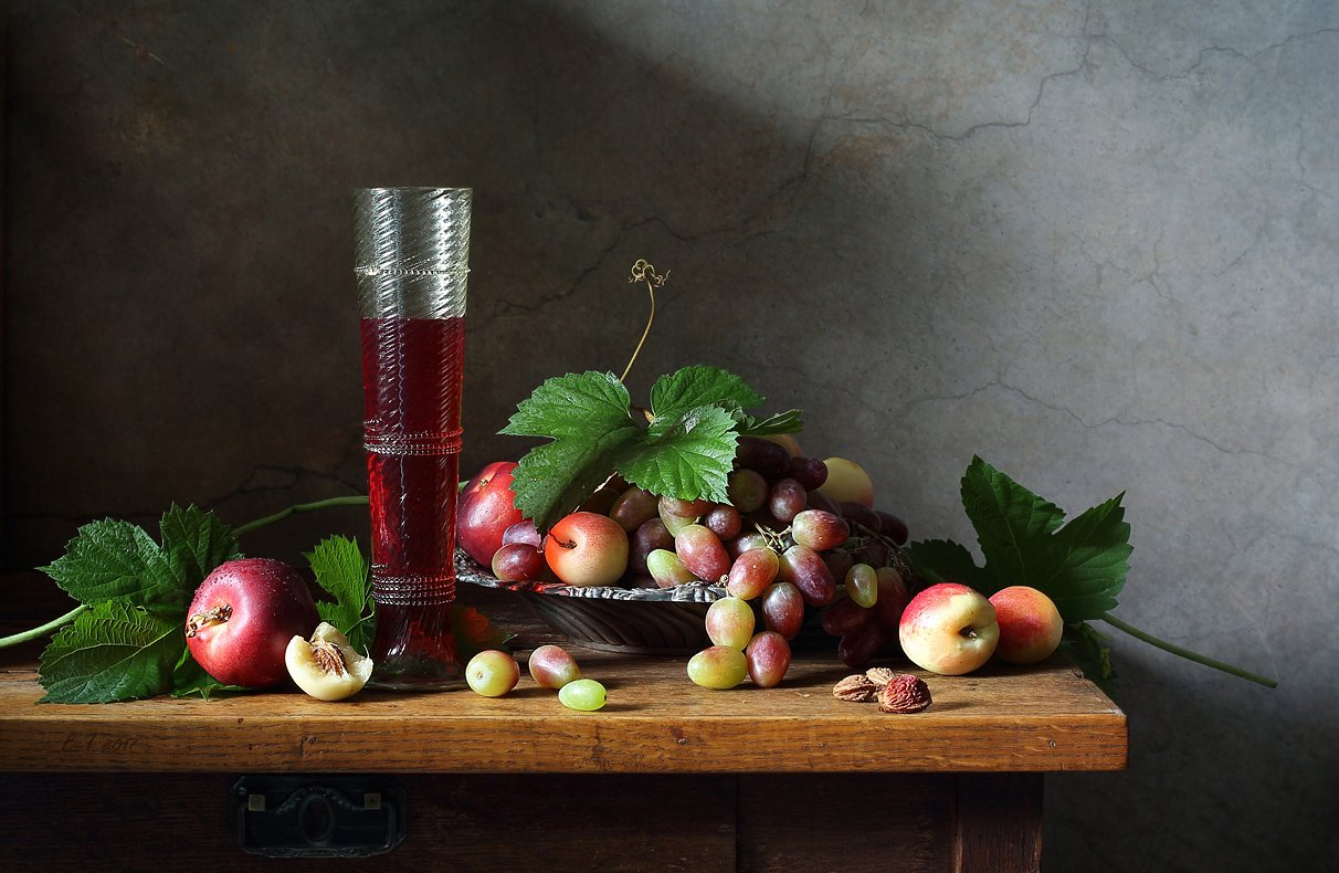 вино, лесное стекло, виноград, фрукты, нектарины, бокал, Елена Татульян