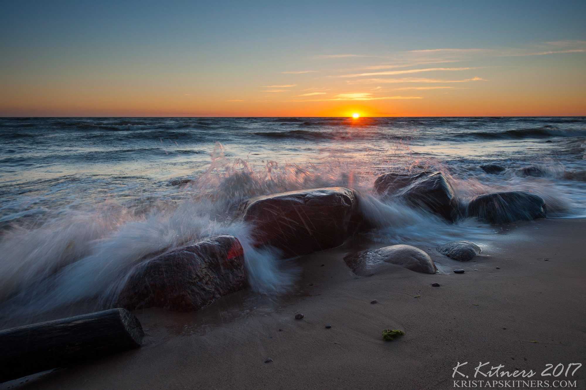 sea seascape water wave sky clouds stone reflection sunset evening latvia, Kristaps Kitners