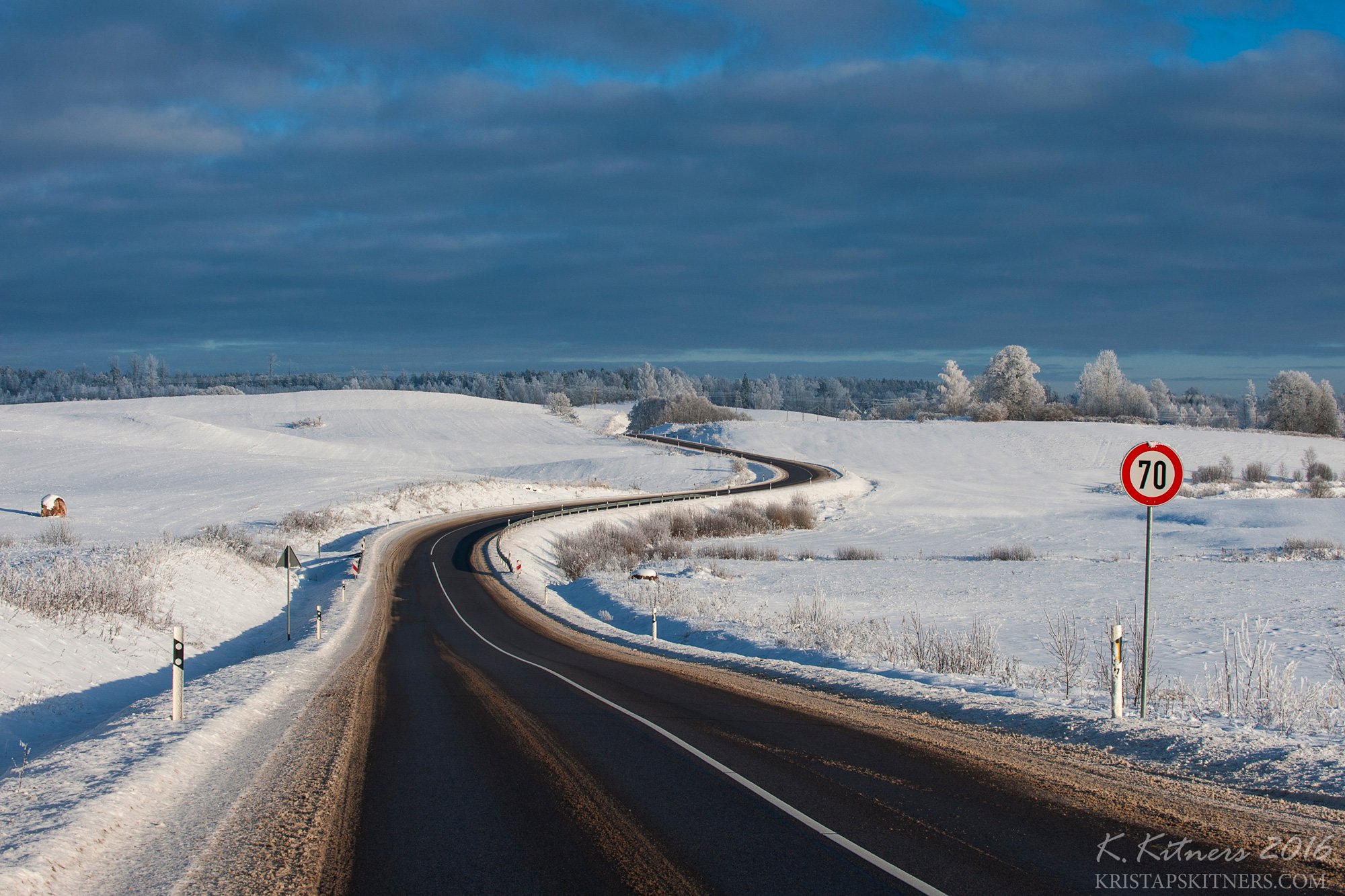 snow way road tree forest white winter sky clouds latvia landscape field sign, Kristaps Kitners