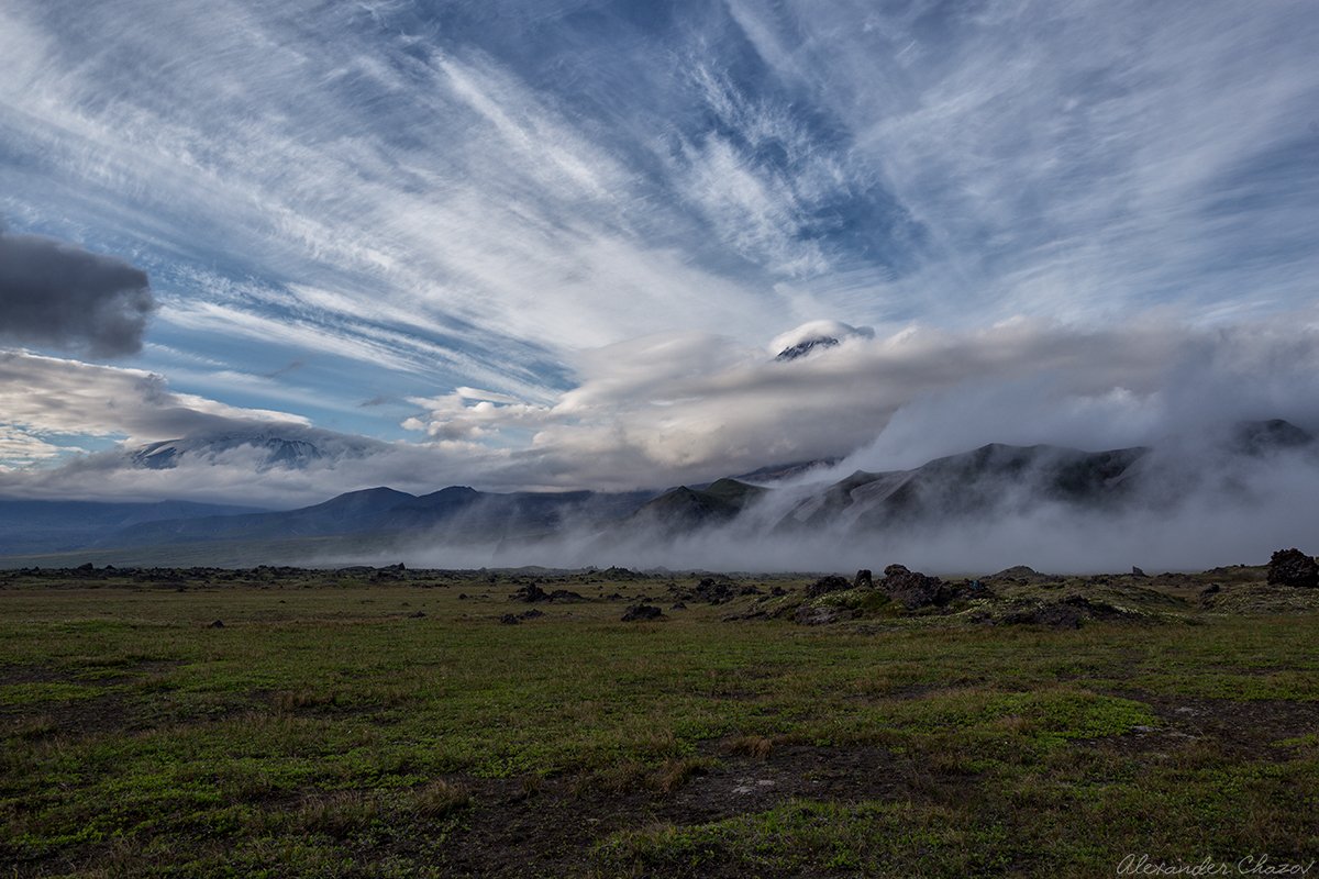 камчатка, вулкан, извержение, облака, вечер, туман, природа, Александр Чазов