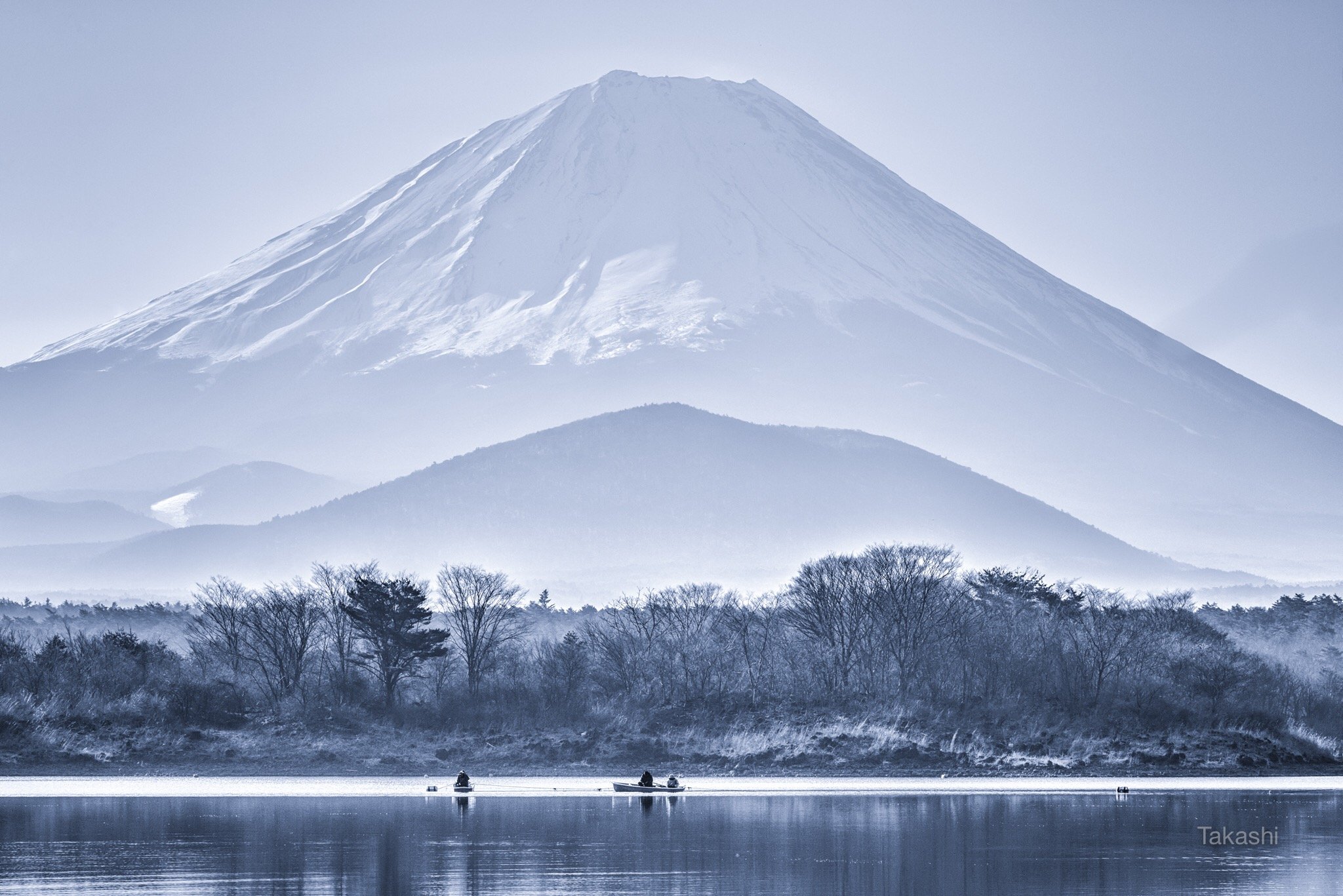 Fuji,mountain,tree,lake,boat,fishing,Japan,snow,landscape,fisherman,blue, Takashi