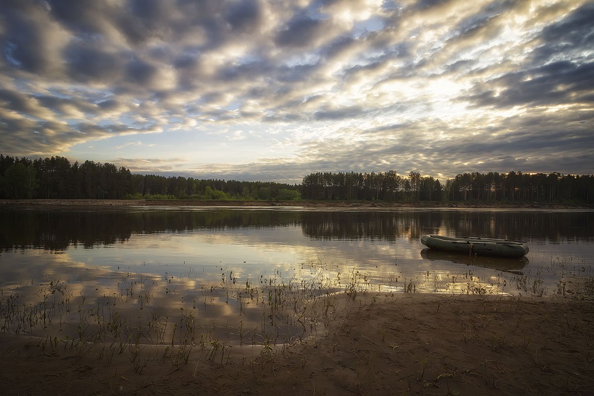 утро, восход, река, лодка, отражение, облака, рыбалка, Пушкарев Николай