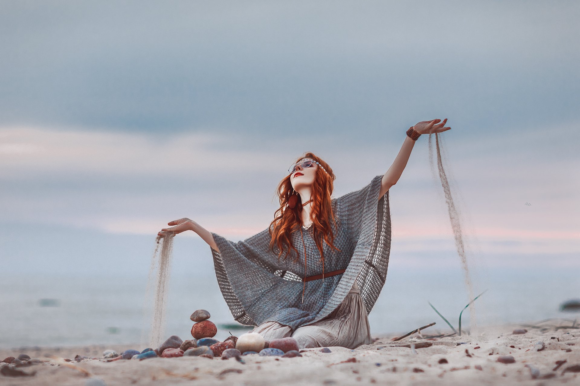 woman, portrait, beach, sand, sunset, redhead, Руслан Болгов (Axe)