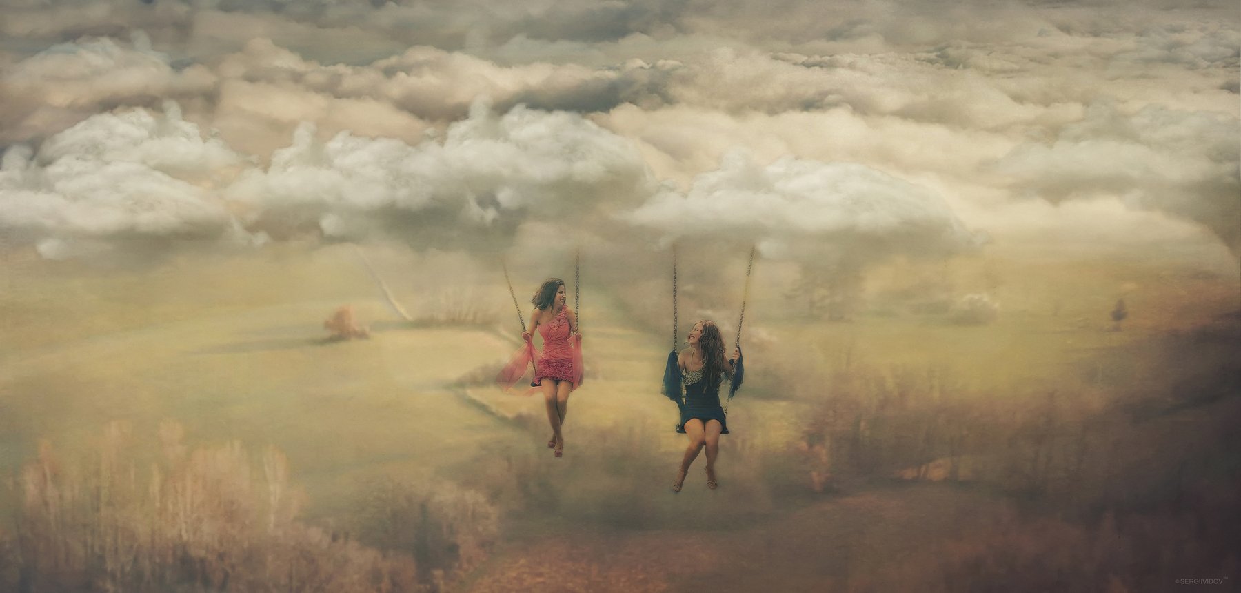 девушки, качели, небо, облака, Sergii Vidov