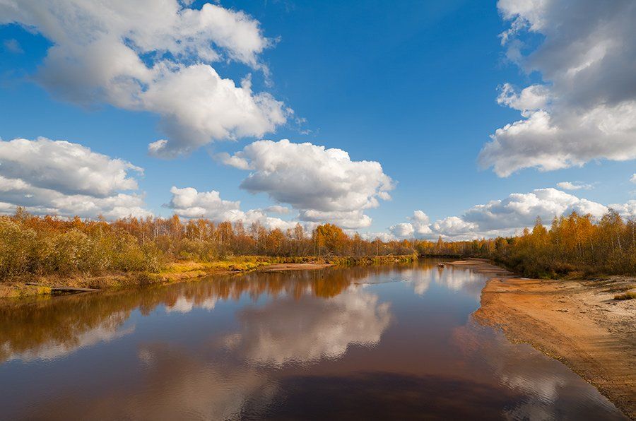 осень, река, лес, облака, отражения, Андрей Алексеев