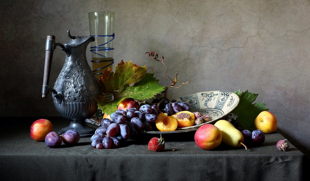 фрукты, вино, кувшин, лесное стекло, виноград, нектарины, бокал, Елена Татульян