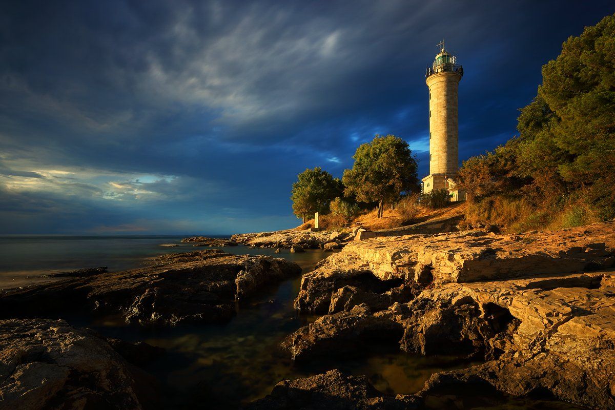 croatia, lighthouse, sunset, sea, rocks, Jacek Lisiewicz