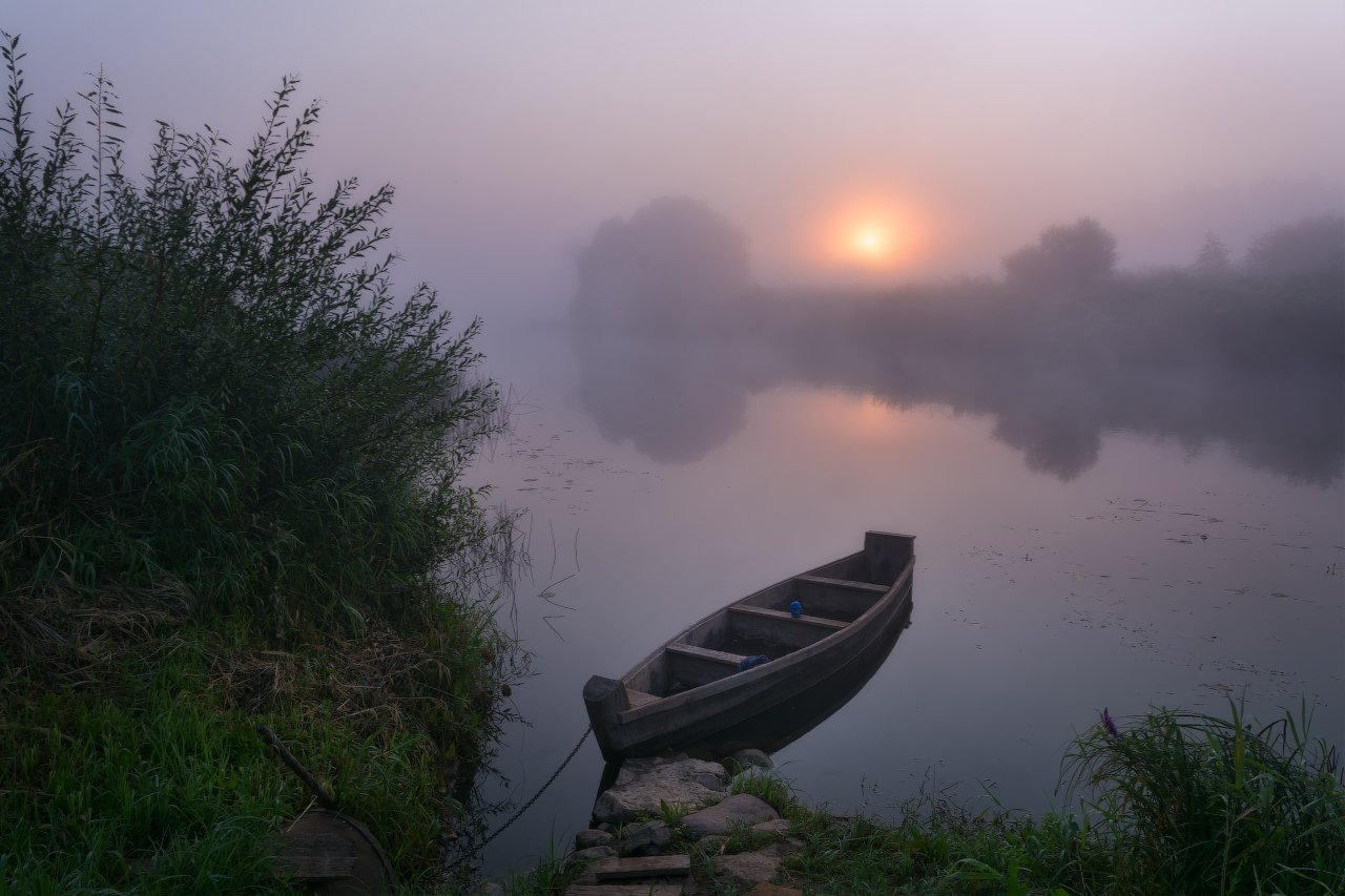 рассвет, утро, туман, лодка, пейзаж, угра, лето, пейзажная съемка, Жмак Евгений