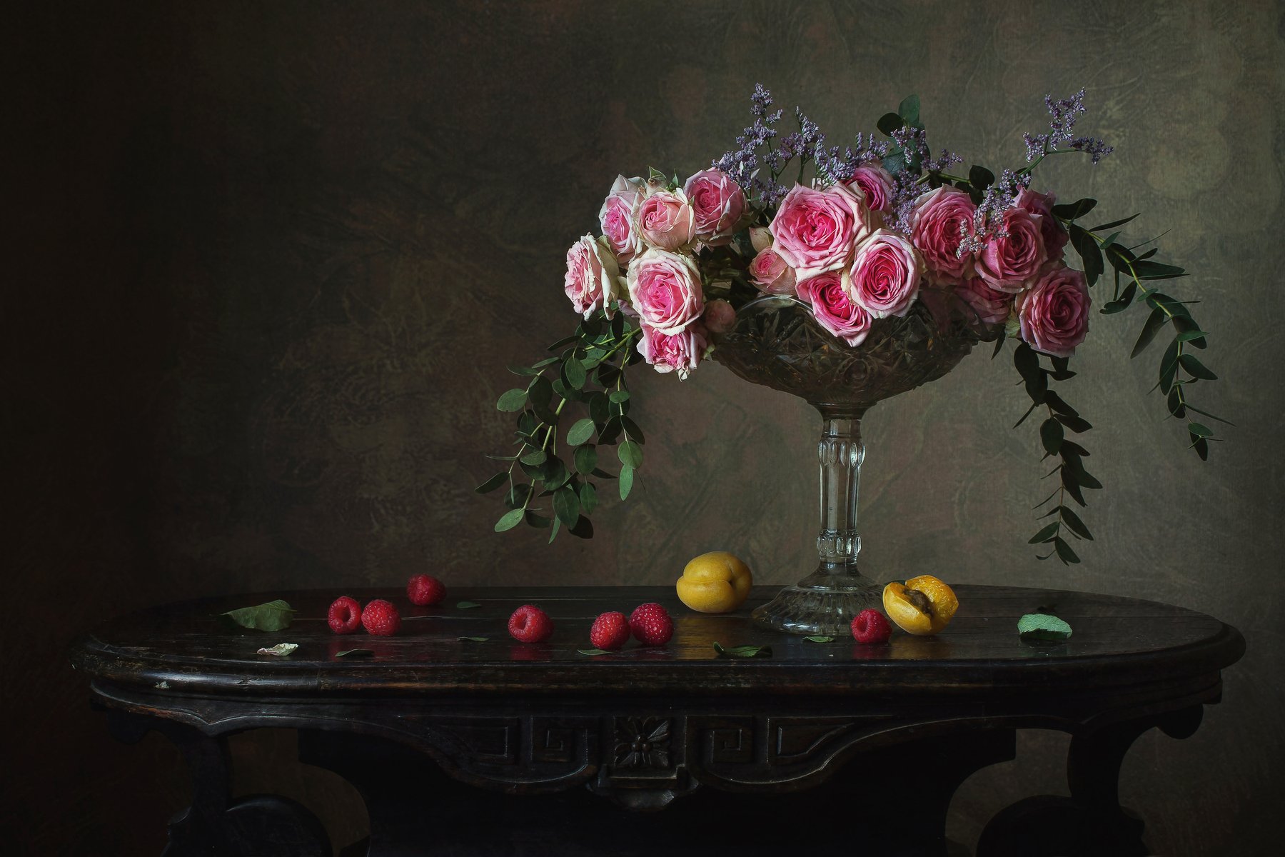 натюрморт, стекло, цветы, розы, ягода, малина, Анна Петина