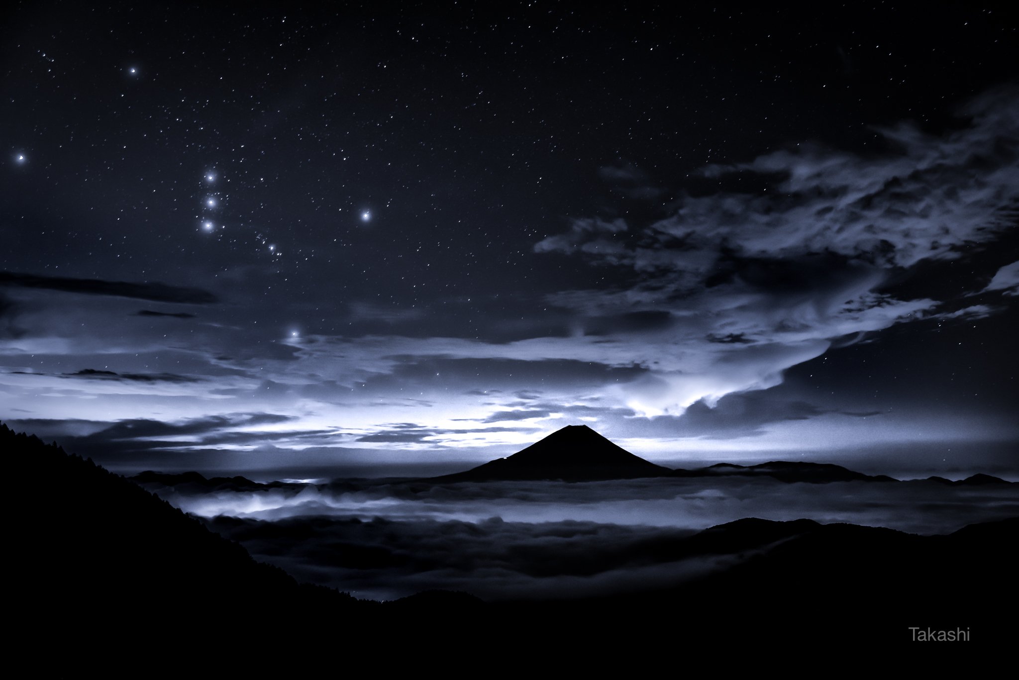 Fuji,mountain,Japan,clouds,star,orion,night,landscape,blue,sky,, Takashi