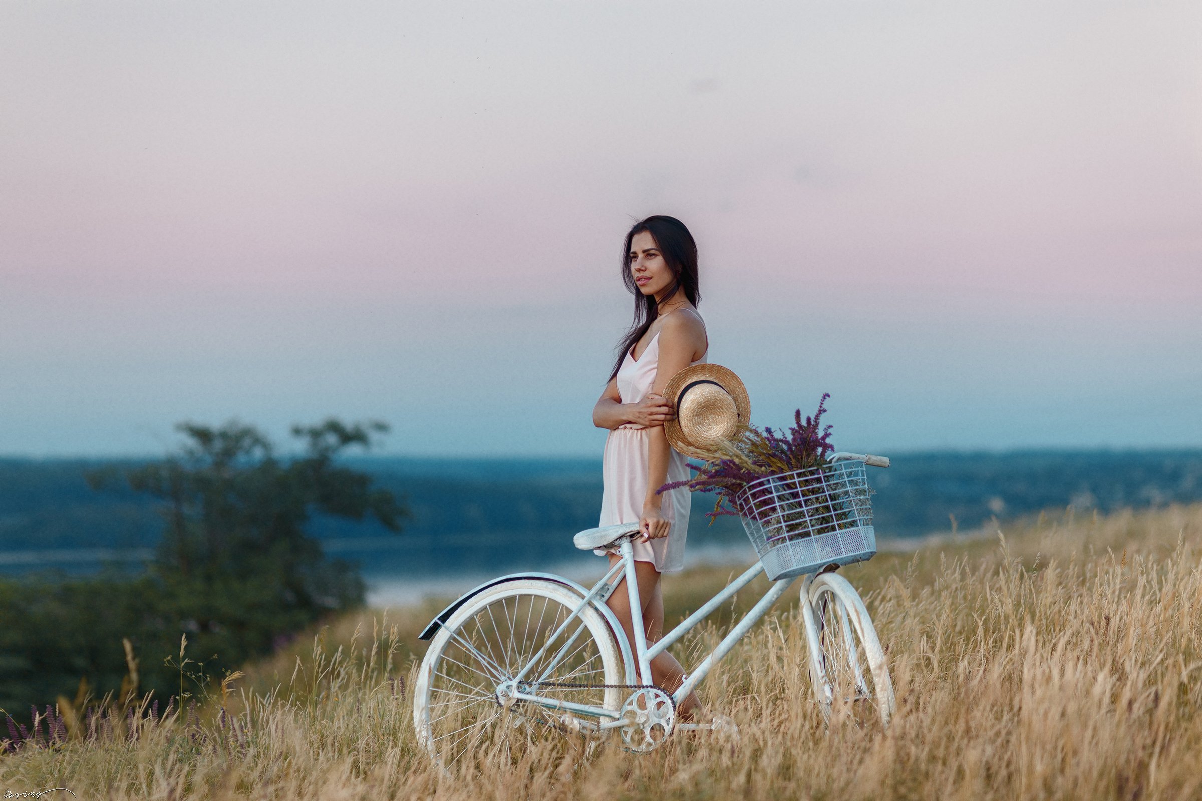 provance, white bike, nature, sunset, summer, flowers, girl, river, Aleksandr (Casing)