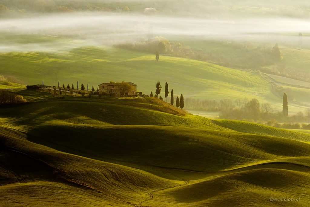Tuscany, Val d'Orcia, hills, sunrise, villa, Italy, Piotr Debek