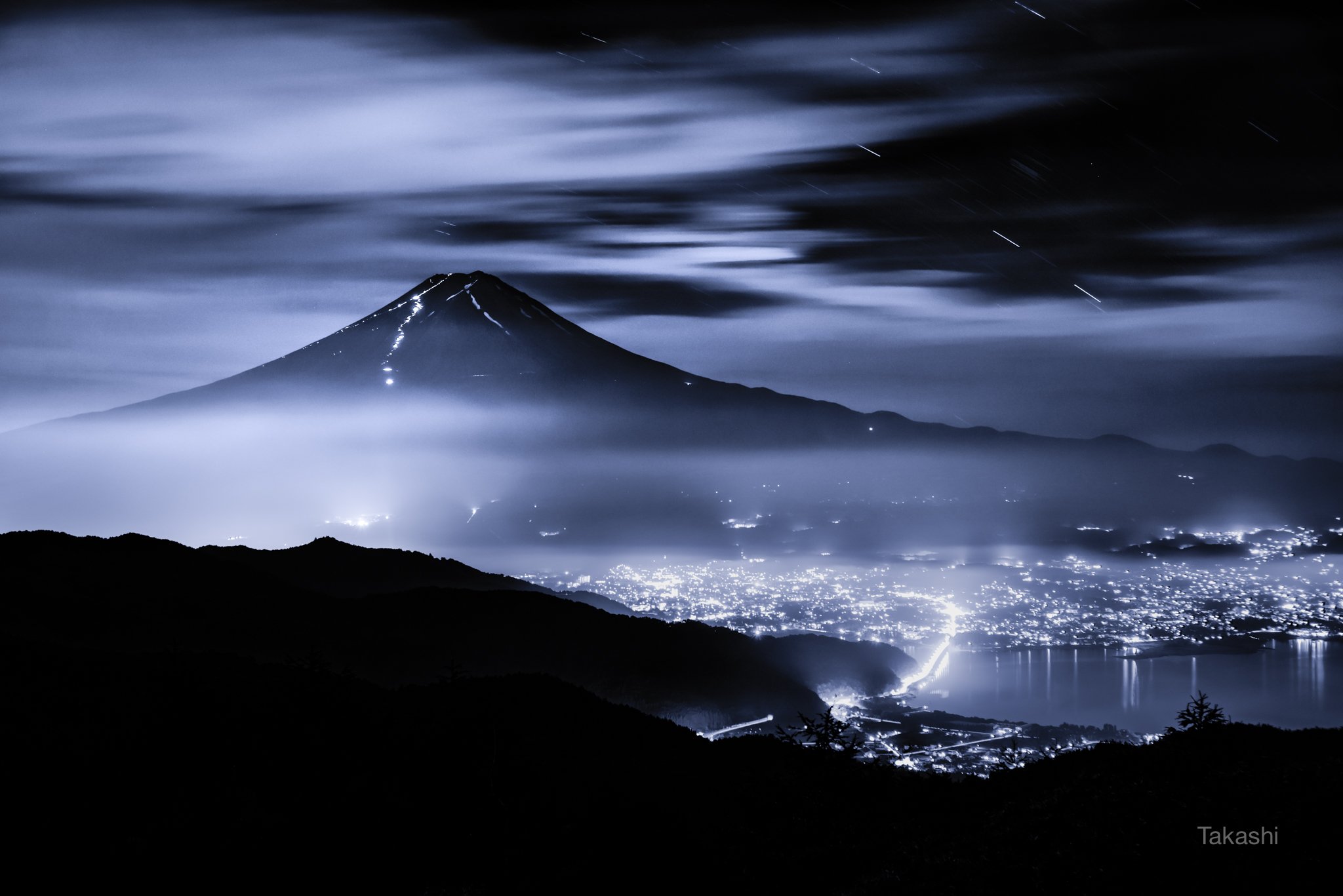 Fuji,Japan,mountain,clouds,sky,fog,lake,blue,star,night,amazing,landscape,wonderful,beautiful, Takashi