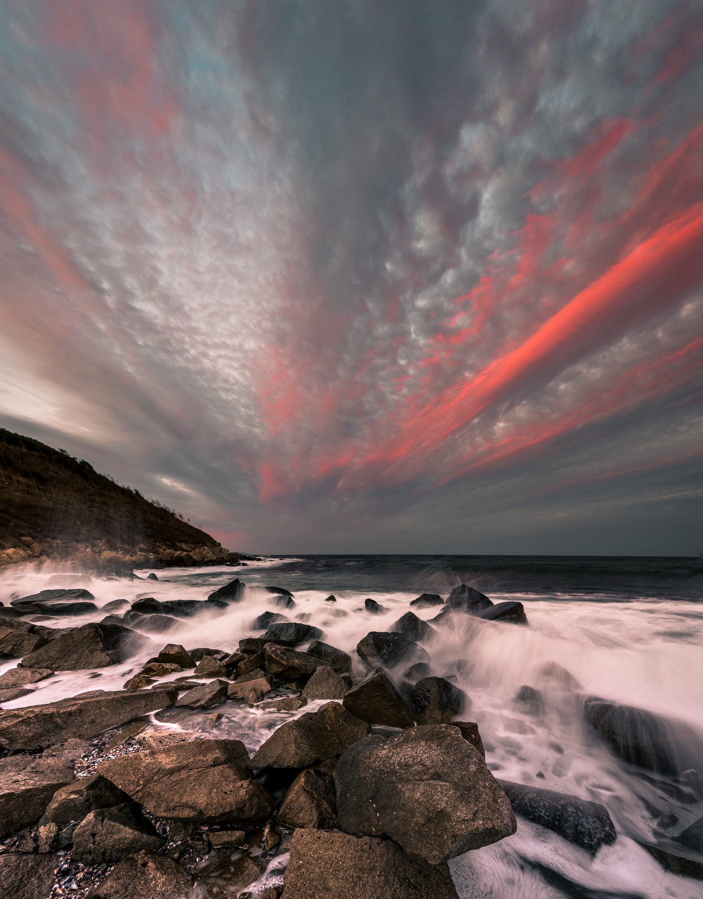 sunset, landscape, red, color,wave, sea, storm, outdoor, Jeni Madjarova