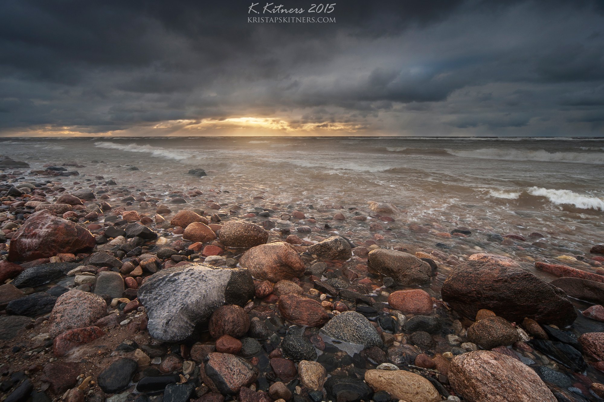 sea seascape water grass fog sky clouds stone reflection sunset storm evening latvia, Kristaps Kitners