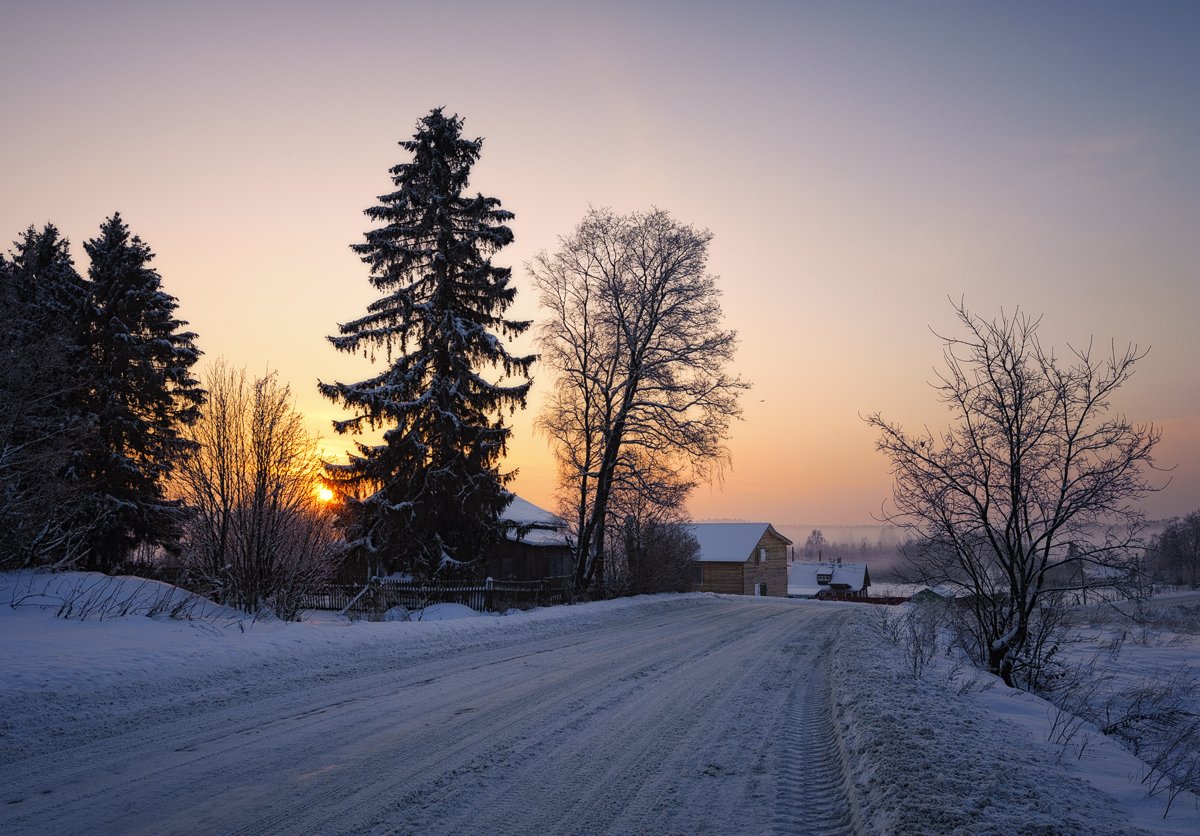 зима,вечер,закат,дорога,туман,свет,пейзаж, Евгений Плетнев