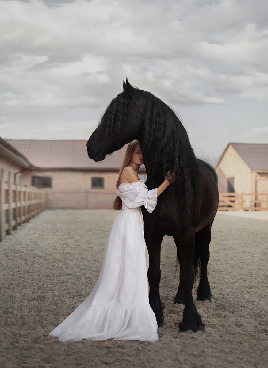 black, sky, white, russia, dress, hair, horse, long, model, Мосина Инна