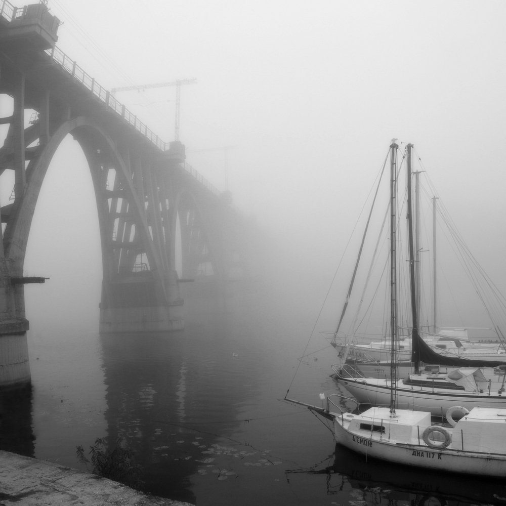 днепропетровск, туман, речные суда, мост, Александр Андреев