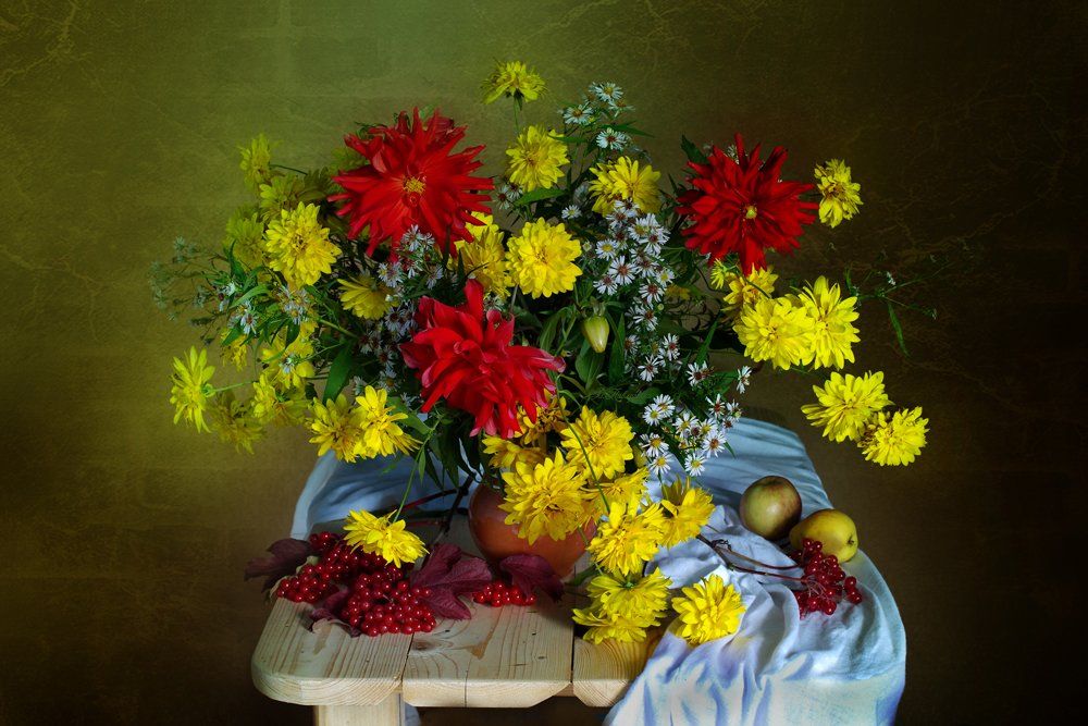 цветы,осень ,натюрморт,золотые шары ,георгины, в.павлухина,, Вера Павлухина