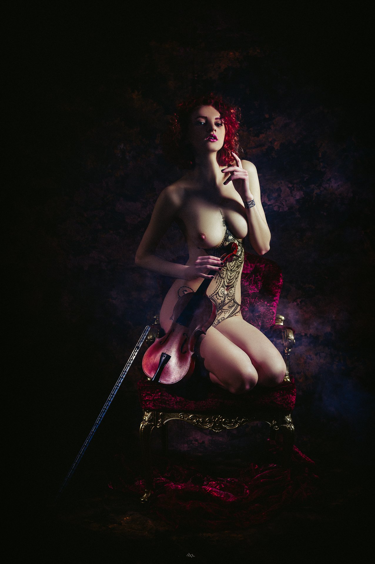 woman, portrait, nude, violin, beauty, redhead, Руслан Болгов (Axe)