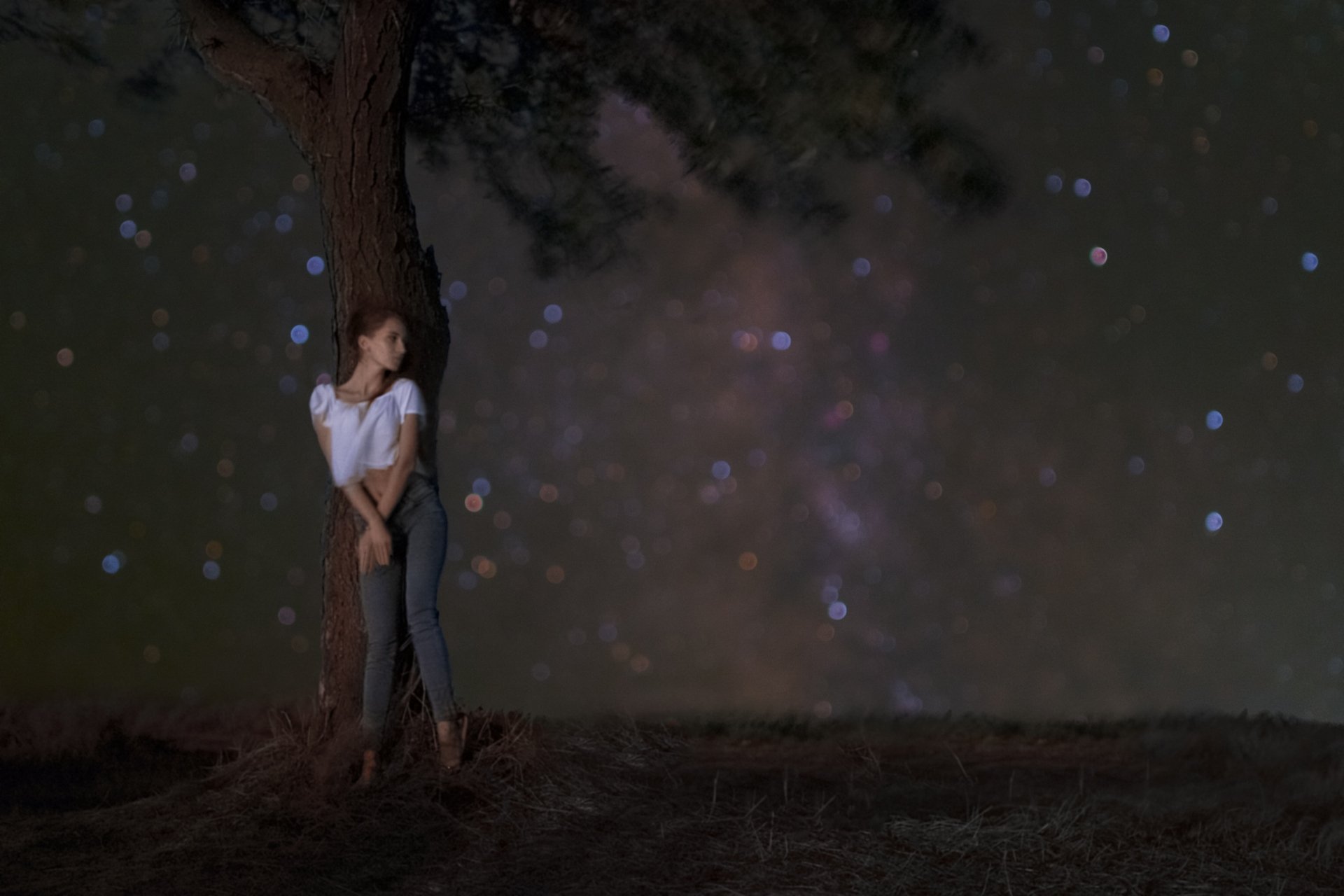 млечный путь, звезды, модель, девушка под звездами, звезда, дерево, одинокое дерево, девушка, Харланов Никита