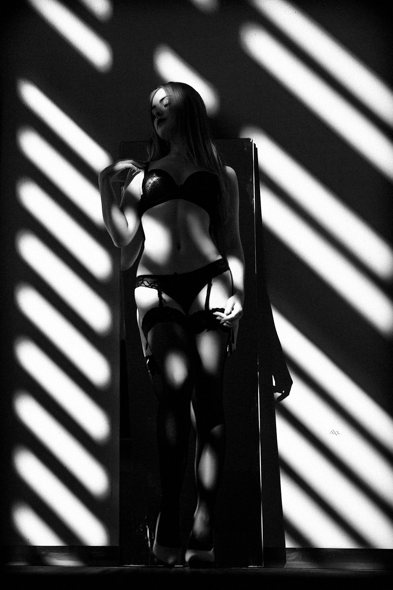 model, lingerie, shadows, black and white, Руслан Болгов (Axe)