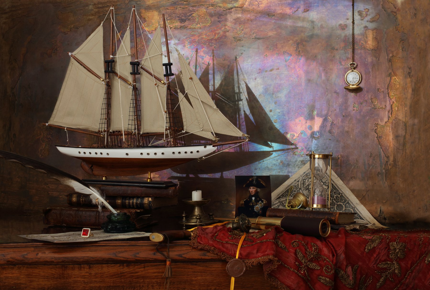 корабль, парус, книги, портрет, часы, адмирал, Нельсон, Андрей Морозов