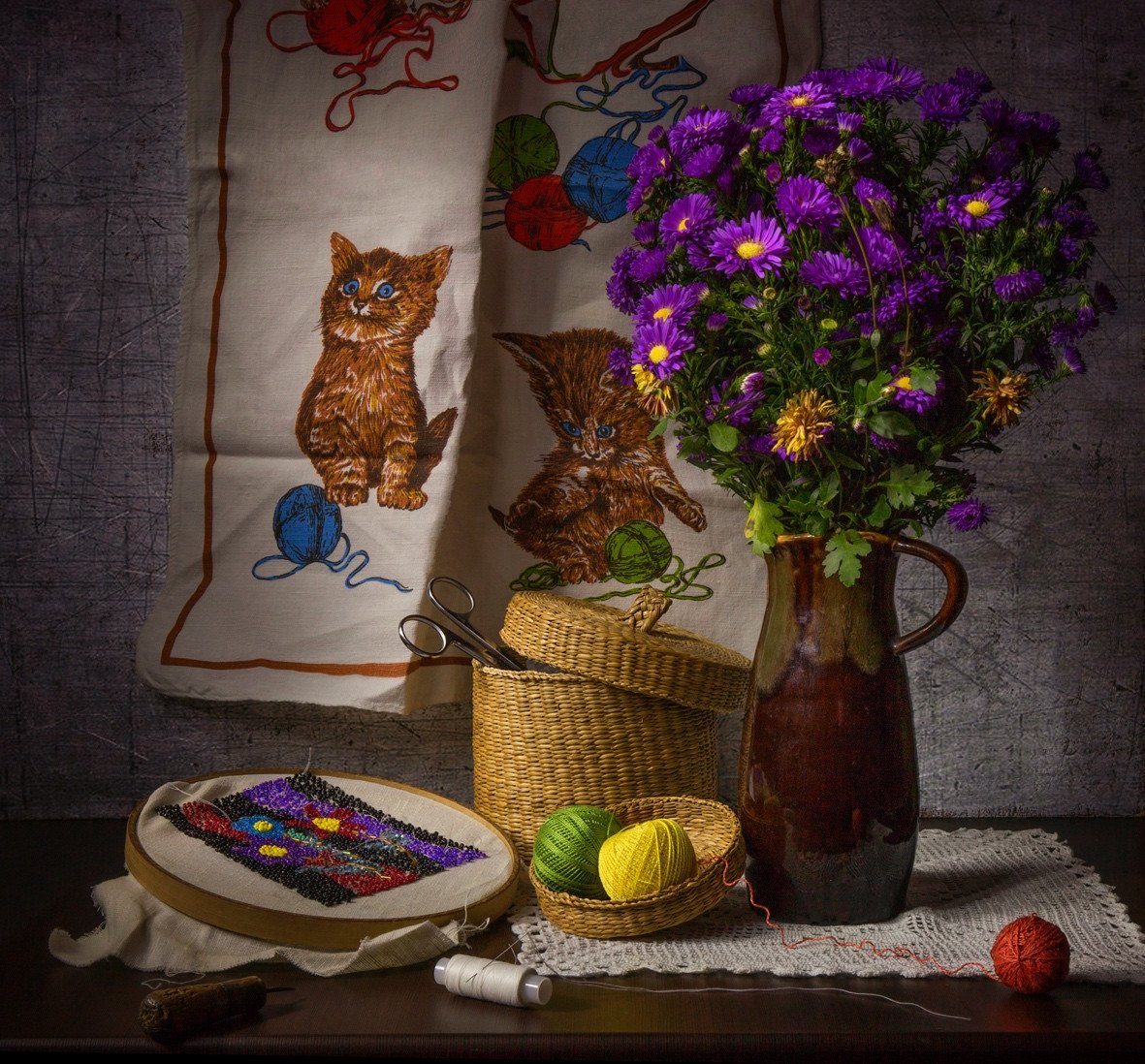 натюрморт,цветы ,котята,шитье,, Zadorina Svetlana
