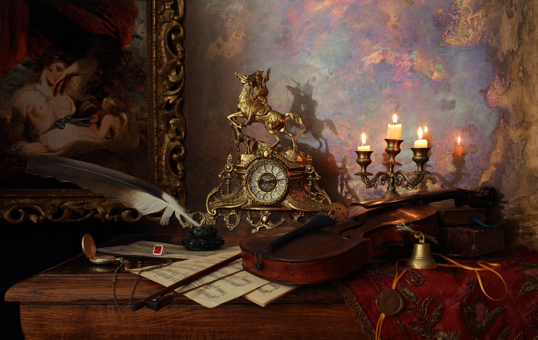 скрипка, свечи, картина, часы, свет, музыка, Андрей Морозов