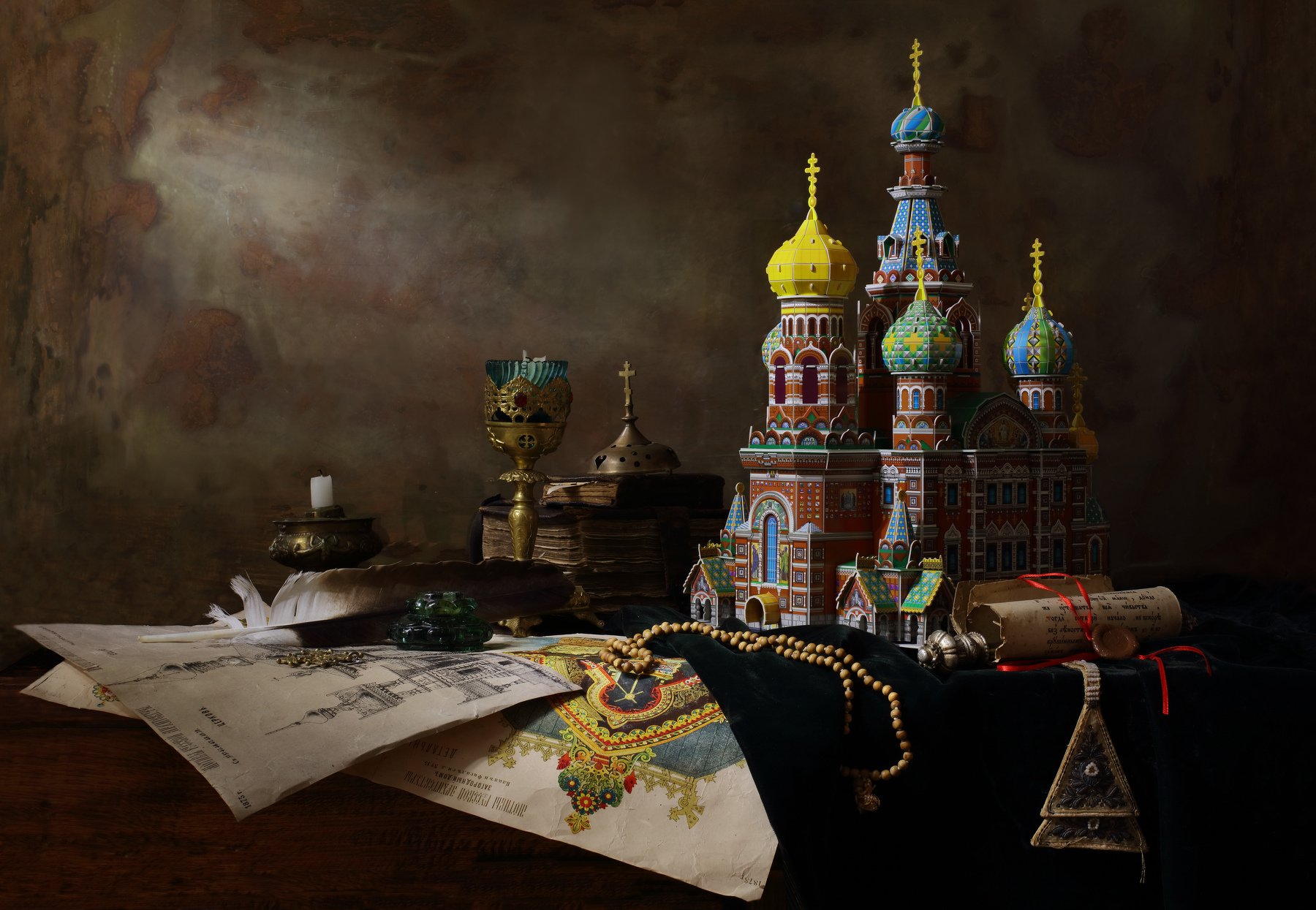 церковь, макет, книги, свеча, архитектура, чертежи, бумаги, свет, Андрей Морозов