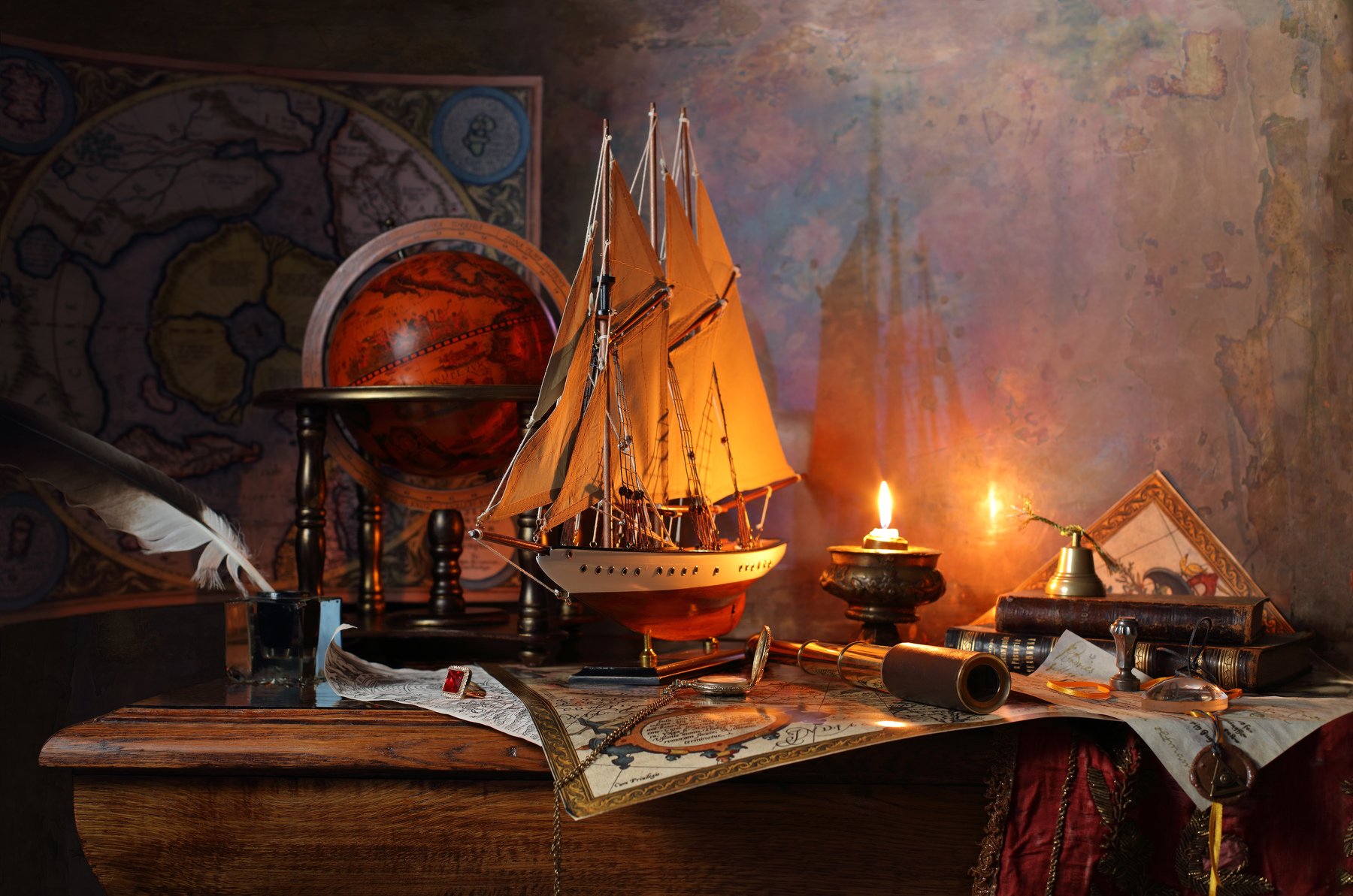 корабль, парус, книги. глобус, карта, Меркатор, свеча, свет, Андрей Морозов