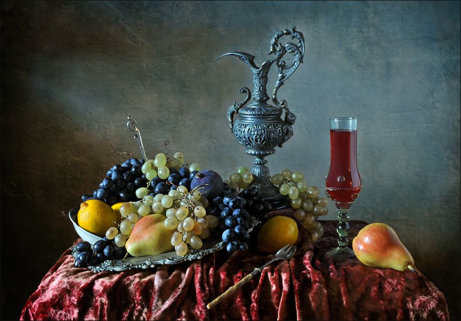 натюрморт , виноград, кувшин, вино , фрукты, Елена Соловьёва
