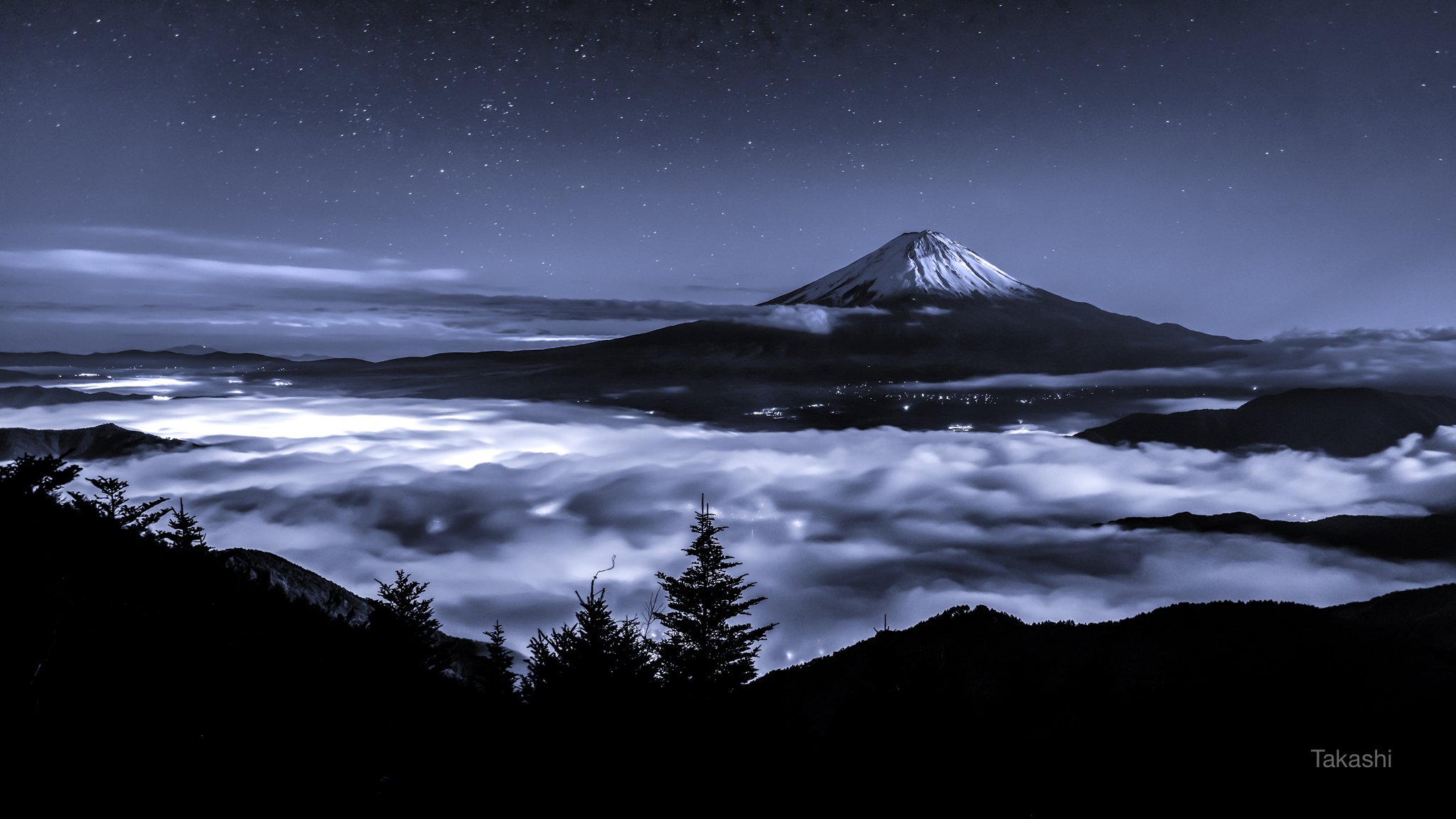 Fuji,Japan,mountain,clouds,sky,stars,sea of clouds,tree,night,moonlit,amazing,beautiful,snow, Takashi