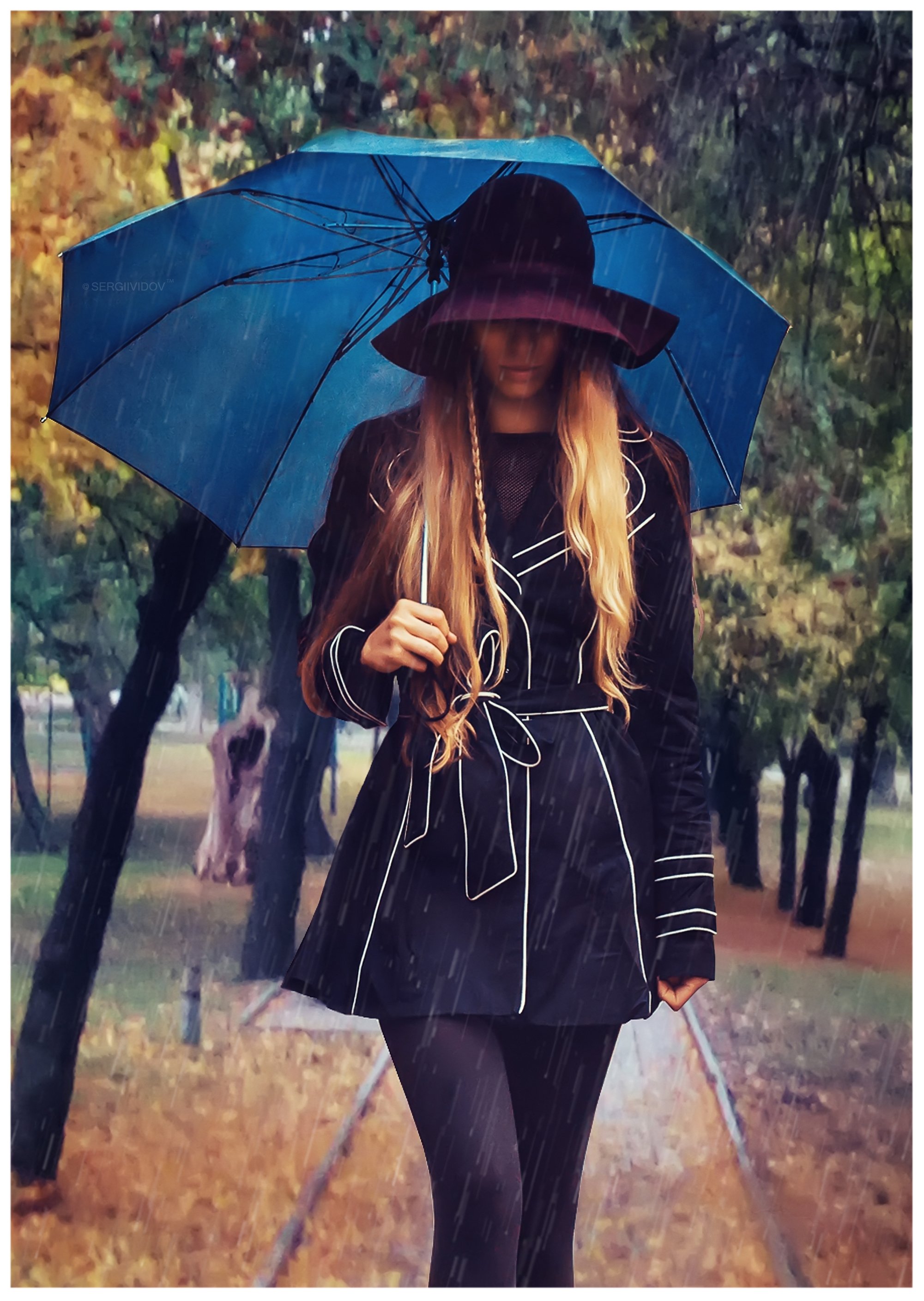 девушка, дождь, осень, парк, Sergii Vidov