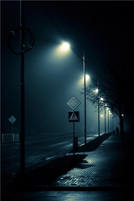 ночь, туман, улица, фонари, Артур Милюс