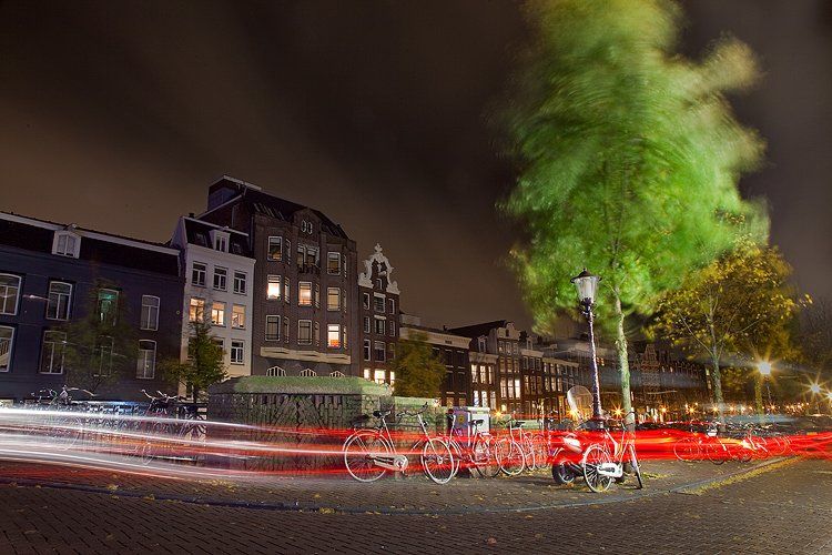 амстердам, город, свет, деревья, ветер, ночь, Артём Саватеев