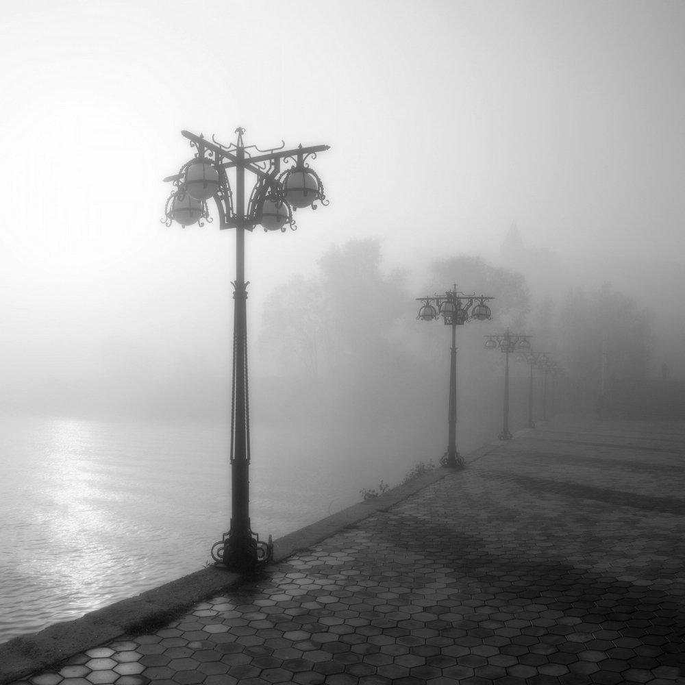 утро, туман, фонари, город, Александр Андреев