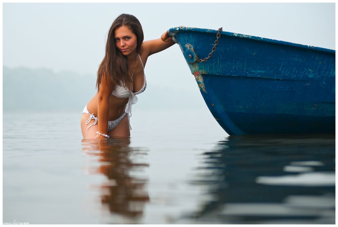 девушка, вода, река, туман, лодка, Макс Котенёв